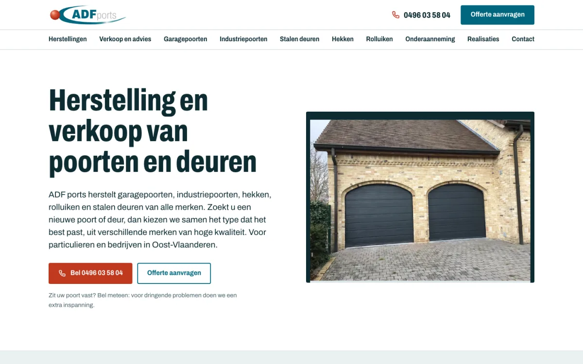 The homepage of adfports.be, a garage door company, on a laptop and a phone