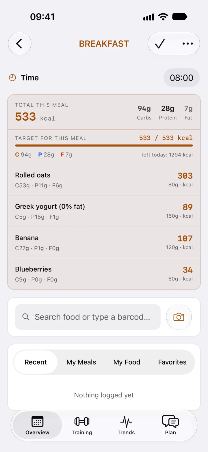 Breakfast logged in ToppedUp with calories and macros